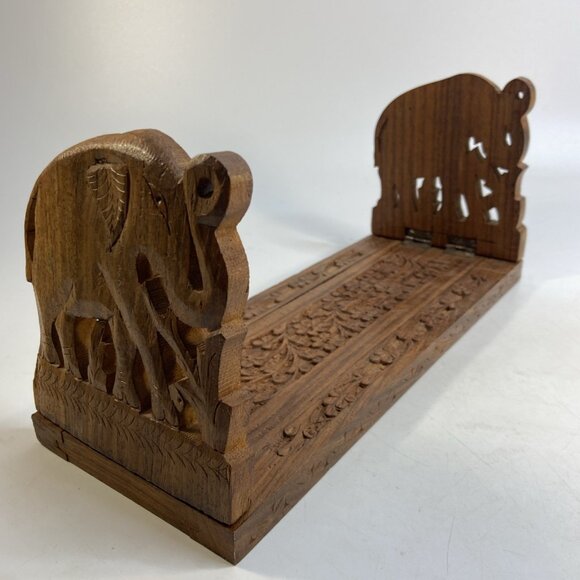Expandable Book Ends Elephant Design Ornate Carved Wood Sliding India Library - Picture 2 of 8